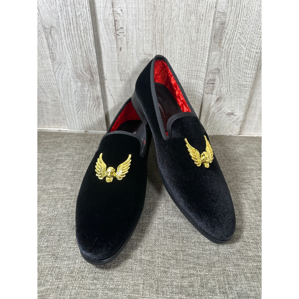 Elanroman Mens Size 11 Black Velvet Loafers Gold Winged Skull Dress Shoes